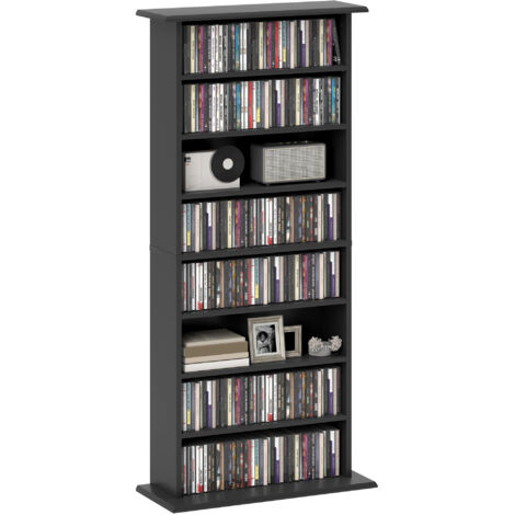 Étagère à CD avec 6 étagères réglables, capacité de 360 CD/185 DVD, 58x24x124,5 cm, Noir