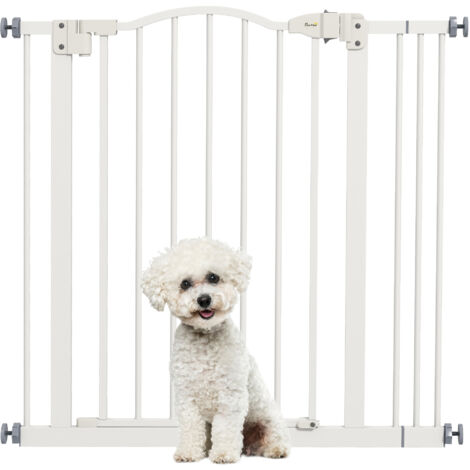 Cancelletto per Cani Estensibile con 2 Blocchi e Chiusura Automatica, in Metallo e Plastica, 74-87x78 cm, Bianco (1/5)