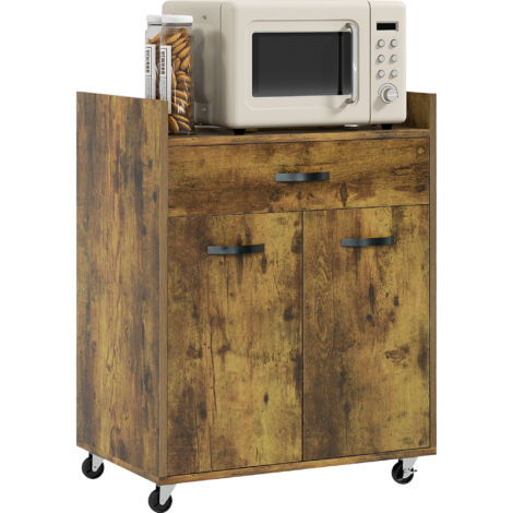 Chariot de Cuisine avec Tiroir, Placard et 4 Roues en Bois, 60x40x77cm, Marron Rustique (1/5)