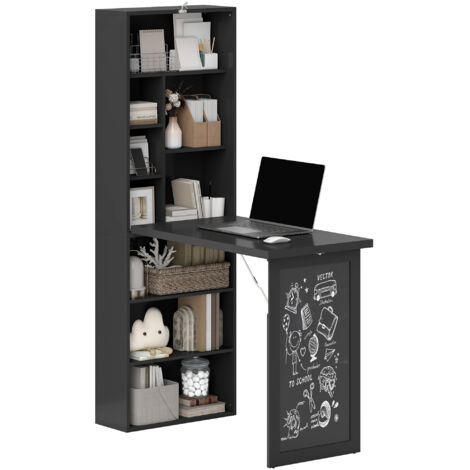 Table Moderne Pliante avec Bibliothèque et Tableau, en Bois et Métal, 98x51x153 cm, Noir (1/5)