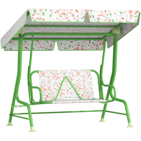 Balançoire enfant 2 places extérieur avec auvent réglable et harnais sécurité, 112x75x120 cm, Vert (1/5)