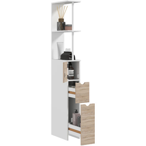 Colonne de Salle de Bain Mobile, Rangement avec Armoire, Étagères et Tiroirs, 15x33x136.8 cm, Bois (1/5)