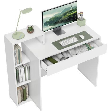Bureau PC moderne blanc bois 100x40x90 cm, 3 étagères ouvertes + tiroir (1/5)
