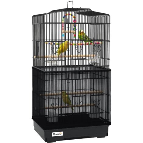 Cage à Oiseaux avec Poignée, Tiroir Amovible, Perchoirs en Bois, Balançoire et Gamelles, 46.5x35.5x92cm, Noir (1/5)