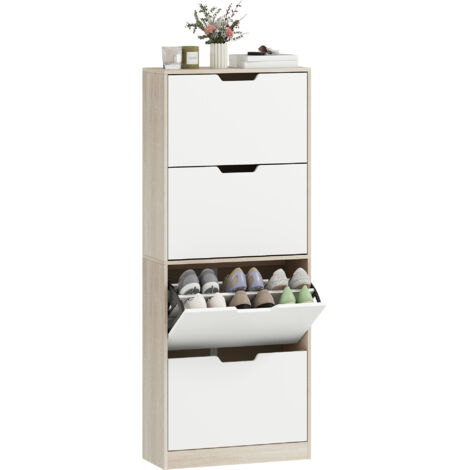 Scarpiera étroite 4 tiroirs pour 20 paires de chaussures 62,5x26x156 cm, bois et blanc (1/5)