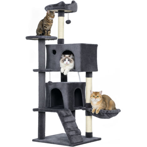 Arbre à chat haut 140 cm avec 2 niches, lit et hamac pour 2-3 chats, revêtement en peluche, gris (1/5)