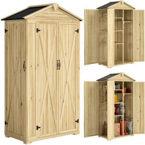 Armoire de Jardin 3 Portes avec 4 Tablettes et Crochets, en Sapin, 93x53x168 cm, Teinte Bois (1/5)