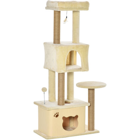 Arbre à chat 136 cm avec niche amovible, maison et couchette, poteaux en jute, beige (1/5)