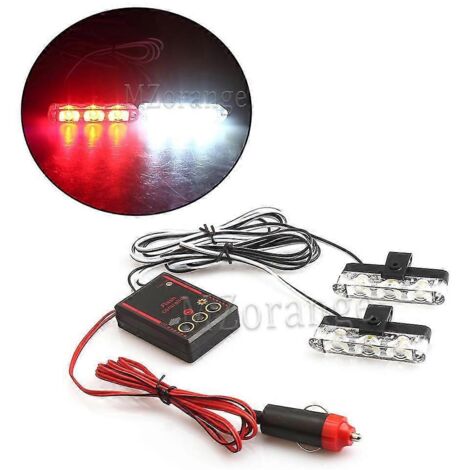 2x3 Feux stroboscopiques d'urgence FSO, gyrophares LED, stroboscopes, gyrophares de police, 12 V, 6 W, clignotants pour voiture, allume-cigare - 1 rouge, 1 blanc (1/5)