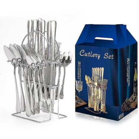 Ensemble de 24 couverts en acier inoxydable avec support et coffret cadeau - Service de table idéal pour toutes les occasions - 24 pièces argentées (1/5)