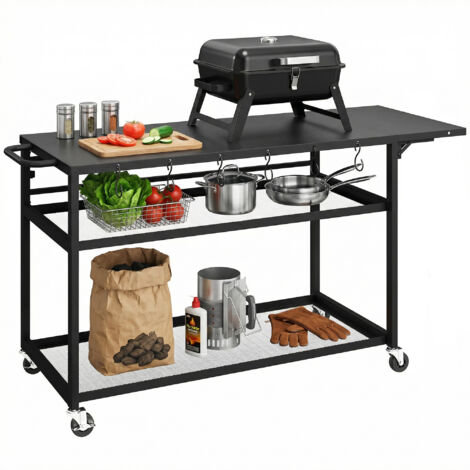 Table à roulettes pour barbecue, desserte de jardin pliante avec plateau latéral, 3 étagères, 133x48,5x82 cm, noir, rangement extérieur pratique. (1/5)