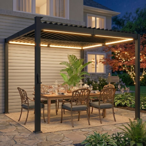 Pergola bioclimatique 3x3m noir avec lumières LED solaires, lames orientables et gouttières intégrées, idéale pour terrasse et jardin, abri solaire et design moderne. (1/5)