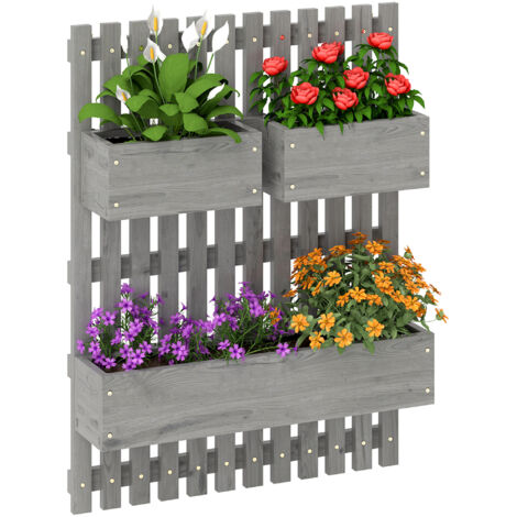 Jardinière murale potager 3 bacs bois massif amovibles, 60x16x80 cm gris, tissu non tissé, culture murale extérieur, support plante étagère, jardin vertical balcon. (1/5)