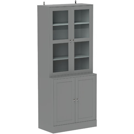 Bibliothèque vitrine grise 6 niveaux, meuble rangement 4 portes dont 2 vitrées trempé, étagères réglables, armoire vitrée design pour salon, rangement livres et décoration, gris moderne. (1/5)