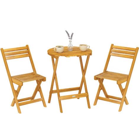 Table de Jardin Ronde 60cm avec 2 Chaises Pliables, Ensemble Bistrot en Bois d'Acacia Naturel, sans Montage, 3 Pièces, Mobilier Terrasse Compact, 60x60x75cm (1/5)