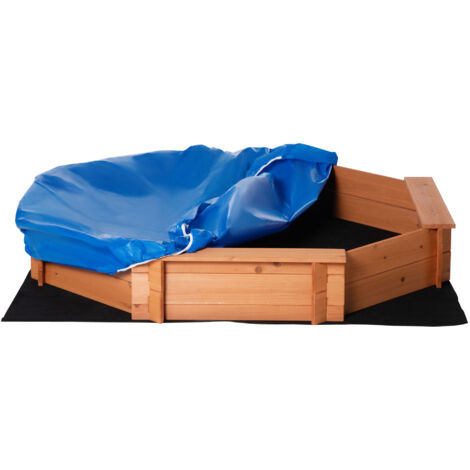 Bac à sable Outsunny en bois massif, octogonal 140x140x21,5 cm, avec 4 bancs, bâche couvrante et sol non tissé, protection UV, installation facile, jeu extérieur enfant, orange. (1/5)