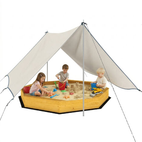 Bac à sable en bois avec auvent jaune pour enfant, extérieur avec 4 bancs et doublure de fond, jeu de plein air. (1/5)