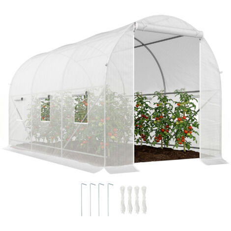 Serre tunnel de jardin 7m², abri tunnel avec porte et 6 fenêtres, bâche PE 140 g/m², dimensions 350 x 200 x 200 cm, blanc, idéale pour cultures maraîchères et semis. (1/5)