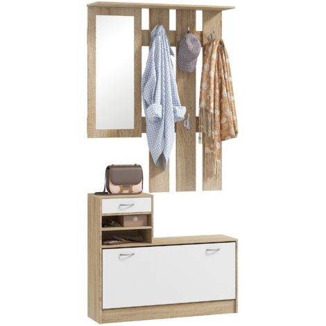 Meuble d'entrée avec porte-manteau, miroir et banc à chaussures, 6 crochets, étagère réglable, rangement vestiaire pratique pour couloir. (1/5)