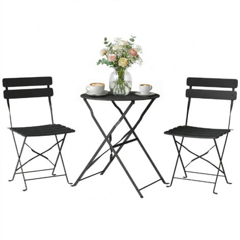 Ensemble Bistrot Jardin 3 pièces table ronde + 2 chaises pliantes lattes, double antirouille noire, mobilier extérieur compact pliable, idéal balcon terrasse. (1/5)