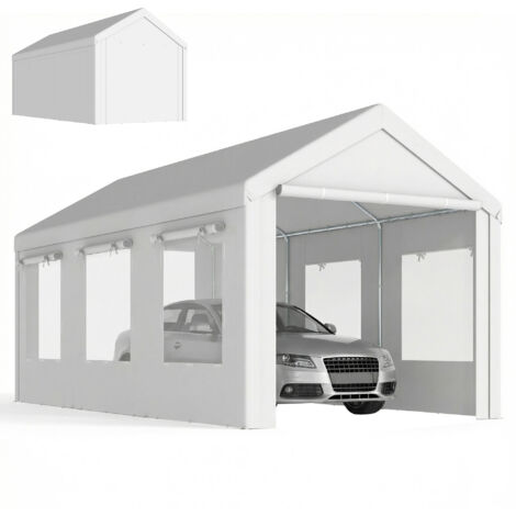 Abri voiture tente garage 3x6m blanc, protection UV30+, hauteur réglable, 6 fenêtres avec moustiquaire, abri extérieur imperméable pour voiture, camping ou stockage. (1/5)