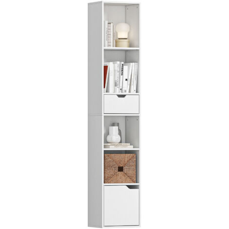 Étagère bibliothèque blanche 30x24x158 cm avec tiroir, placard et compartiments ouverts, meuble de rangement à livres pour salon ou bureau. (1/5)