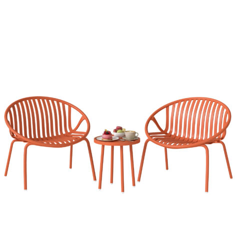 Ensemble de jardin bistro 3 pièces, table basse concave en acier et polypropylène 80x70x75cm rouge brique pour salon extérieur. (1/5)