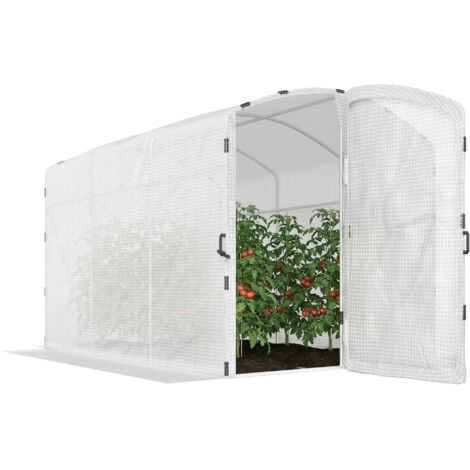 Tunnel de jardin 6m² 300x200x195cm, serre tunnel bâche PE 220g/m² bords prolongés 50cm, porte blanche incluse, abri de culture extérieur résistant. (1/5)