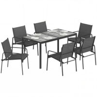Set de Jardin 7 pièces : 6 Chaises Texteline Respirantes + Table Basse Effet Bois, Noir