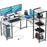 Scrivania Angolare con Presa Elettrica e USB, Scaffale e Supporto per Monitor, Bianco e Nero