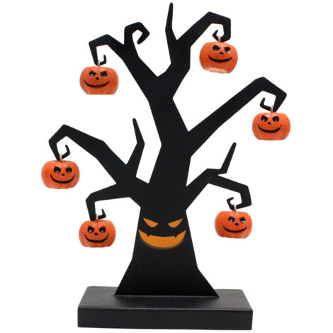 Arbre de décoration d'Halloween pour table avec citrouilles en métal et ornements orange mignons, idéal pour la décoration intérieure et la fête d'Halloween. (1/5)