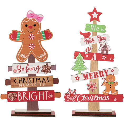 2 Pièces Signes de Noël en Bois pour Table, Décorations de Noël Nain en Bois, Ornements de Table Joyeux Noël, Décoration de Centre de Table pour Fêtes à la Maison (Pain d'Épice) (1/5)