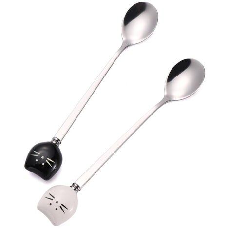 2 Pièces Cuillères Mignonnes Chat - Acier Inoxydable pour Thé, Café et Sucre, Design Noir et Blanc (1/5)