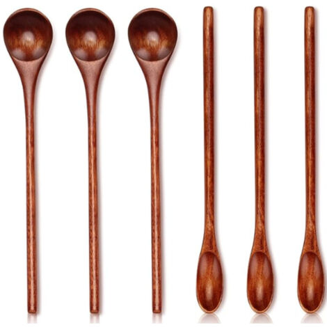 6 Cuillères en Bois pour Cuisine, Miel, Thé et Café - Ustensiles de Cuisine Antiadhésifs à Long Manche - Idéal Cadeau Anniversaire ou Fête (1/5)