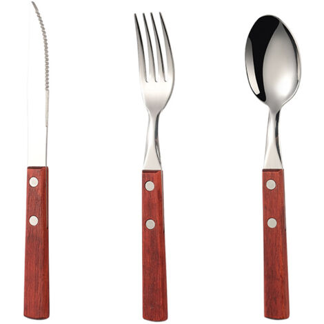 Ensemble de couverts en bois, couteaux à steak inox, service de table 3 pièces pour mariage et repas de famille (1/4)