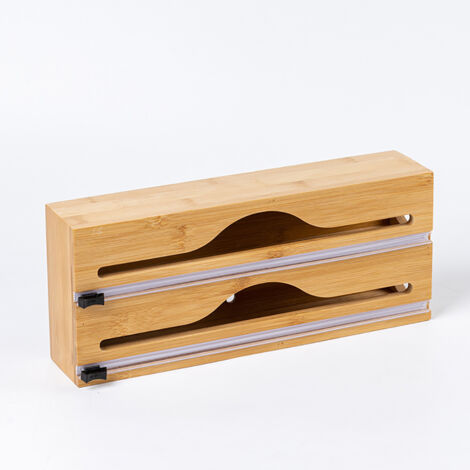 Distributeur de Film Alimentaire en Bambou, 2 Rouleaux, Tiroir, Coupe-Film de Cuisine, Porte-Feuille, Dimensions 14x33x7 cm, Naturel (1/5)