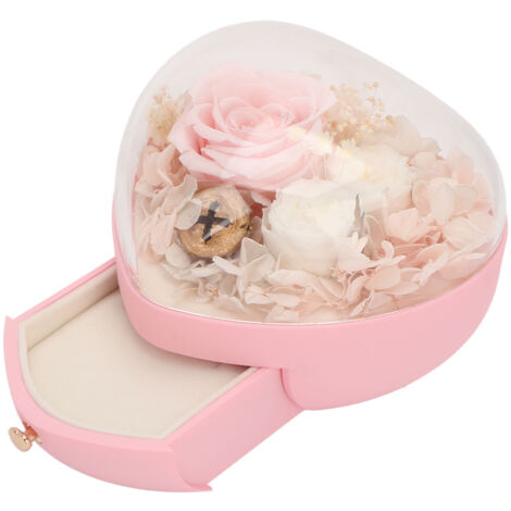 Boîte à bijoux en forme de cœur pour femme - Écrin à fleurs préservées, rangement pour colliers et bagues, cadeau de mariage rose (1/5)