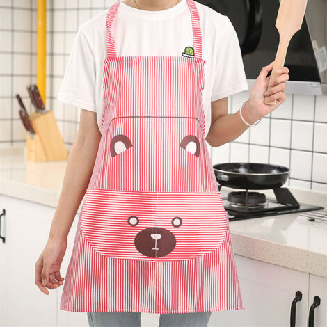Tablier de Cuisine Rayé Style Mignon en Polyester avec Poche pour Femmes et Hommes (Rouge) (1/2)
