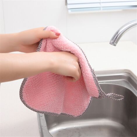 Serviette de cuisine accrochable en polaire corail - Très absorbante et douce pour la vaisselle (Rose) (1/2)