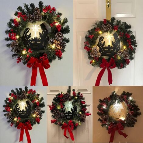 Couronne de Noël lumineuse avec scène de Nativité, baies rouges et pommes de pin - Décoration de fêtes mixte à LED (1/5)