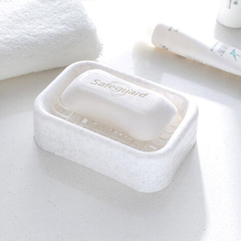 Porte-savon double bac plastique pour salle de bain, bac de drainage et rangement (Beige) (1/2)