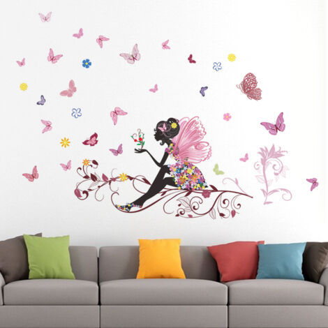 Autocollant mural fleur fée papillon vinyle déco chambre fille amovible (1/5)