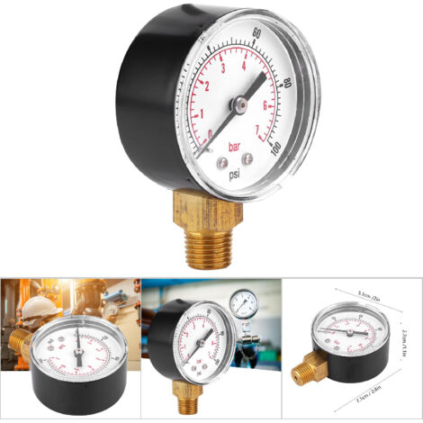 Manomètre 50mm filetage laiton 1/4 BSPT pour carburant, air, huile, gaz, eau (0-100 PSI, 0-7 bar) (1/5)