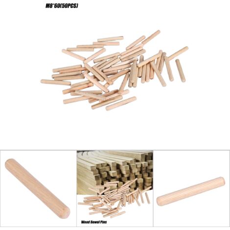 50 pièces chevilles en bois cannelées pour tiroirs et meubles, tiges de 8 mm x 60 mm, accessoires d'assemblage (1/5)