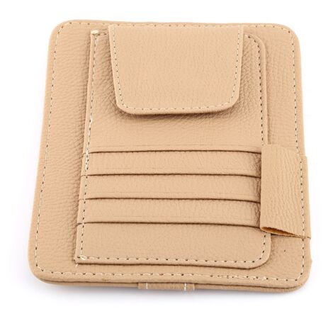 Étui organisateur de pare-soleil auto avec poche pour cartes et lunettes, clip intégré, couleur beige (1/2)