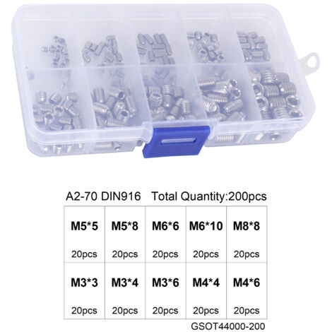 Boîte de 200 vis à tête hexagonale creuse M3 M4 M5 M6 - Assortiment multi tailles