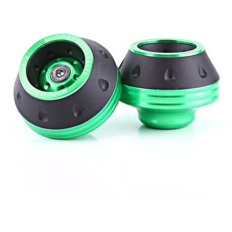 Protecteurs de chute moto CNC aluminium vert pour cadre et fourche, scooter et cyclomoteur. (1/2)