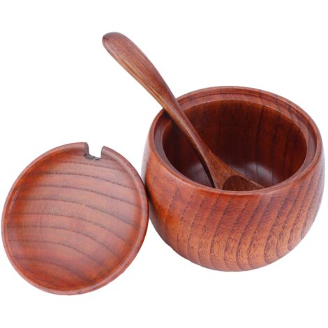 Boîte à Sel en Bois avec Cuillère et Couvercle - Récipient à Épices Vintage pour Cuisine (1/5)