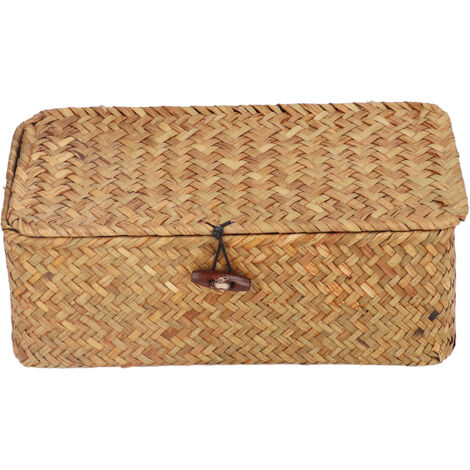Panier de Rangement en Fibre Naturelle Tressé avec Couvercle - Organisateur de Bureau Rectangulaire (1/5)