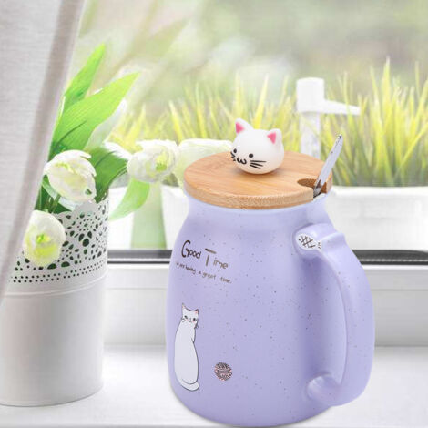 1 Pièce Mignonne Tasse Céramique Chat avec Cuillère et Couvercle, Mug Café Eau Lait Idée Cadeau (Violet) (1/5)